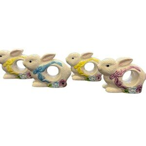 Set Of 4 Ceramic Bunny Napkin Rings With Pastel Bows & Floral Accents Spring/Eas